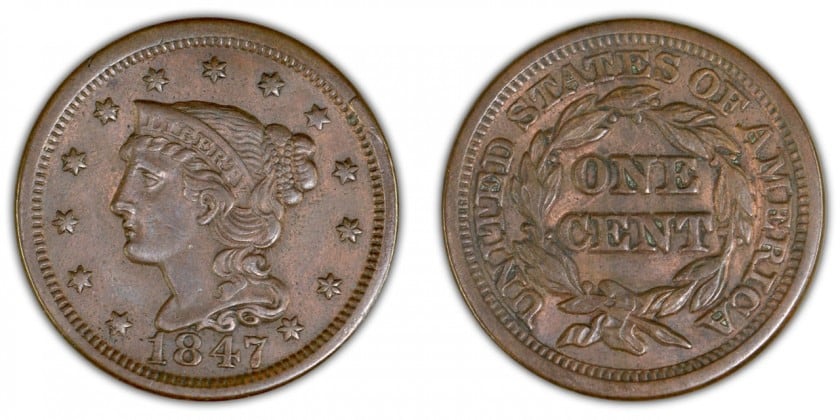1847 Large Cent, N-12 (R.1), AU