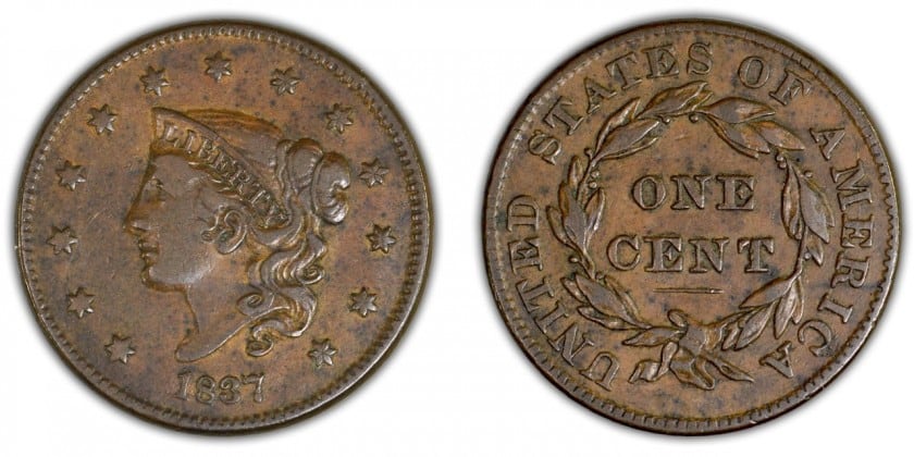 1837 Large Cent, head of 1837, medium letters, VF-30