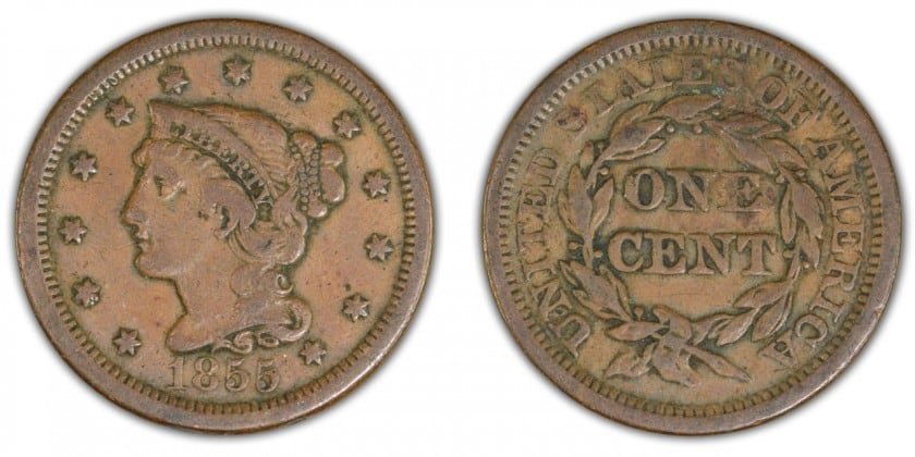 1855 Large Cent, upright 