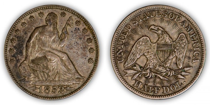 1853 50 C. arrows & rays, XF-45