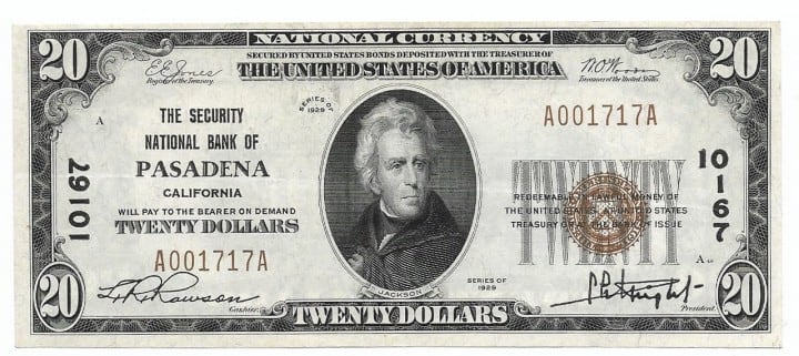 California, Pasadena, Ch. 10167, The Security National Bank, Type 1 $20 
