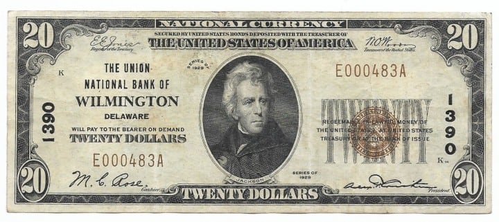 Delaware, Wilmington, Ch. 1390, The Union National Bank, Type 1 $20 
