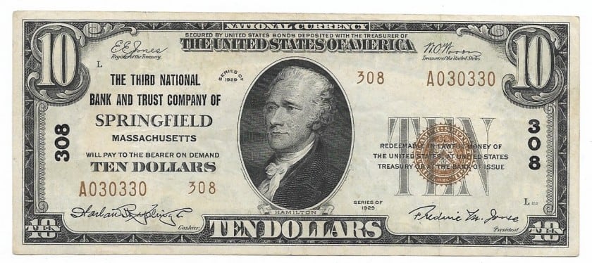 Massachusetts, Springfield, Ch. 308, The Third National Bank and Trust Company, Type 2 $10 