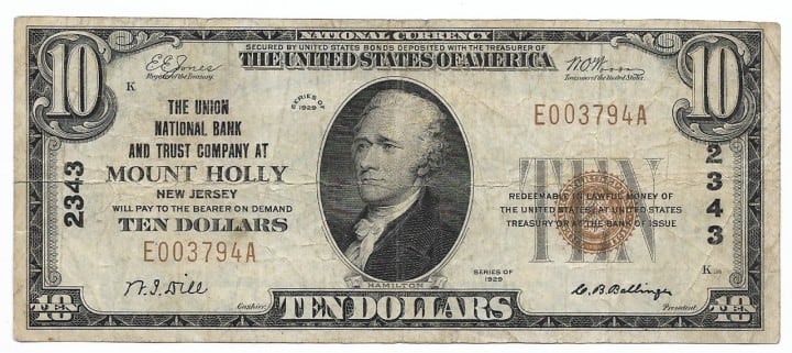 New Jersey, Mount Holly, Ch. 2343, The Union National Bank and Trust Company, Type 1 $10