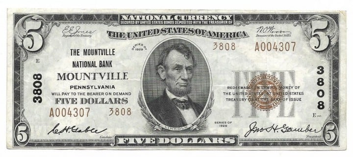 Pennsylvania, Mountville, Ch. 3808, The Mountville National Bank, Type 2 $5