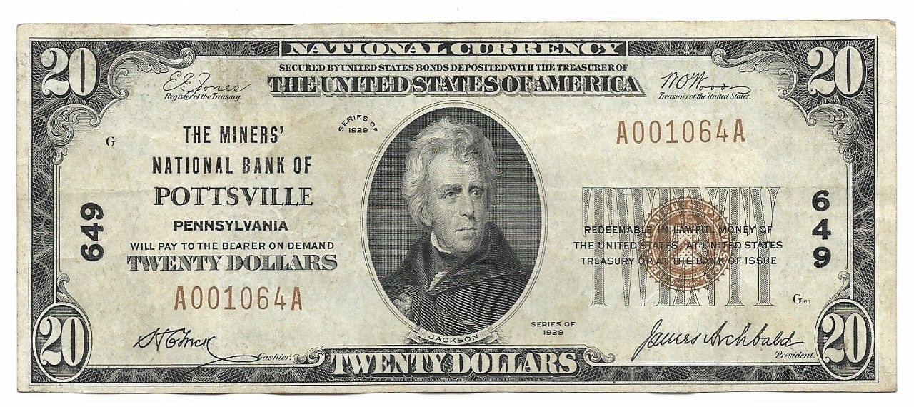 Pennsylvania, Pottsville, Ch. 649, The Miners’ National Bank, Type 1