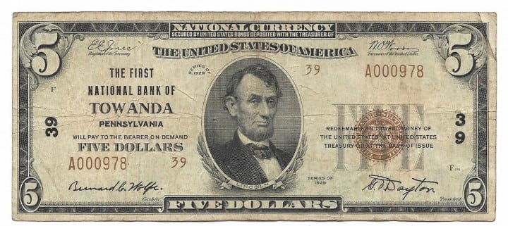 Pennsylvania, Towanda, Ch. 39, The First National Bank, Type 2 $5 