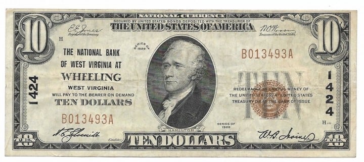 West Virginia, Wheeling, Ch. 1424, The National Bank of West Virginia at Wheeling, West Virginia, Type 1 $10
