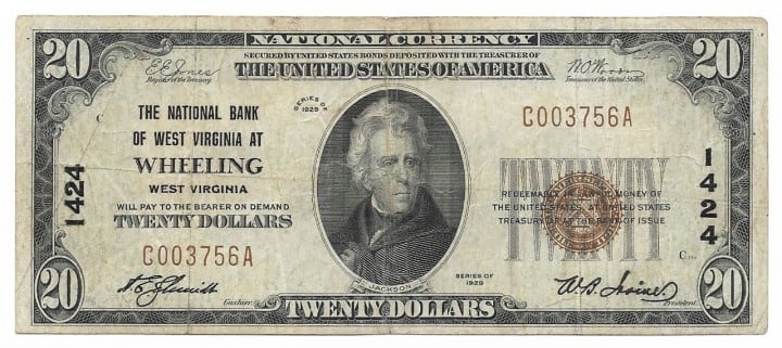 West Virginia, Wheeling, Ch. 1424, The National Bank of West Virginia at Wheeling, West Virginia, Type 1 $20