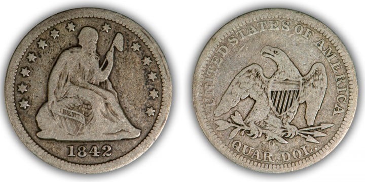 1842-O 25 C. Large date, VG-10